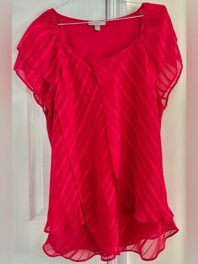 Roz & Ali Bright Red Sheer Flutter-Sleeve Blouse